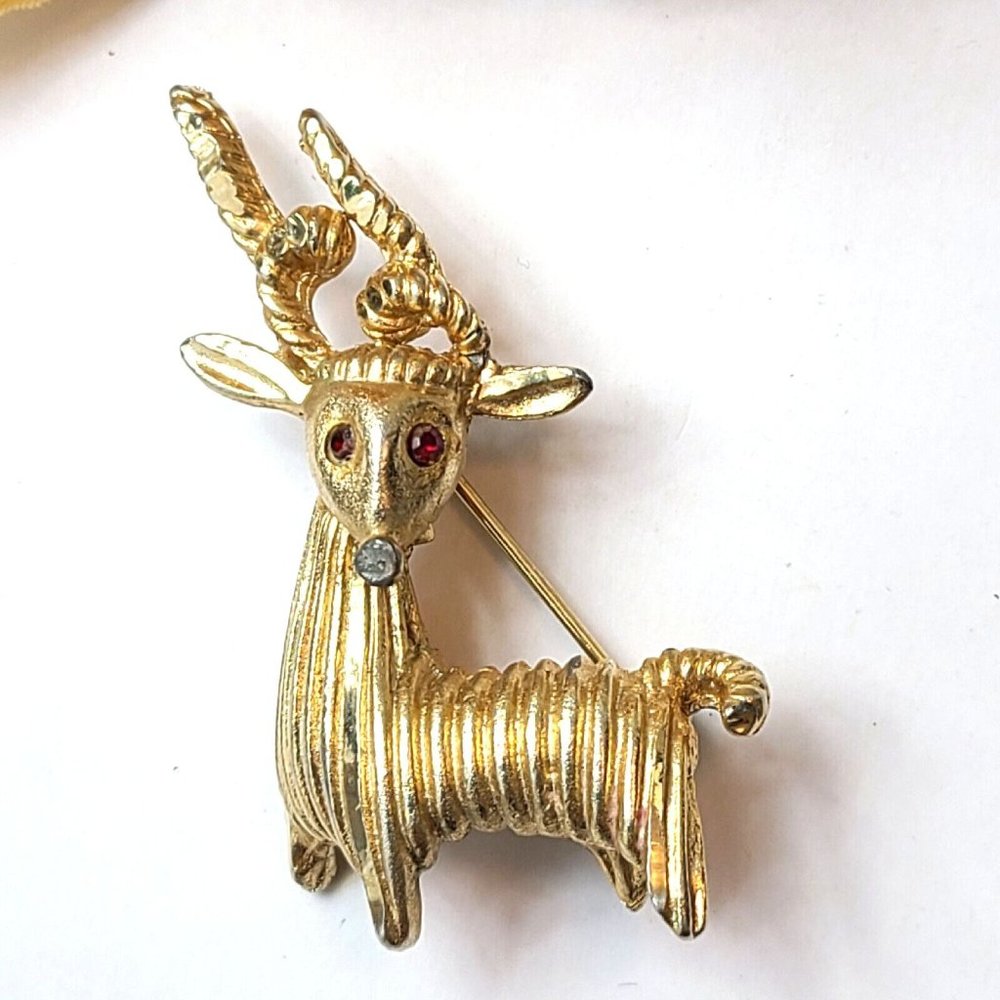 Vintage BSK Aries Ram Brooch Signed Goat Figural Pin Rhinestone Eyes Animal